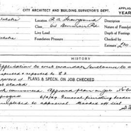 Building Inspectors Card: Royal Agricultural Showground . 64 Denman Road. Application to erect verandah enclosure 