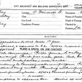 Building Inspectors Card: 1/11 Gloucester Street. Application to erect toilets 1st Floor. 1 Card.