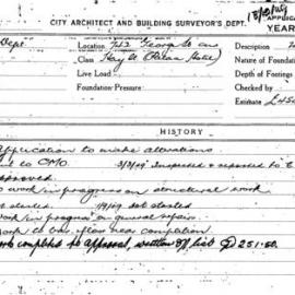 Building Inspectors Card: 742 George Street cnr Hay St. Palace Hotel. Application to make 