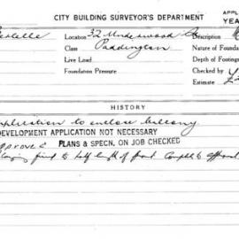 Building Inspectors Card: 32 Underwood street, Paddington. Application to enclose balcony. 1 Card.