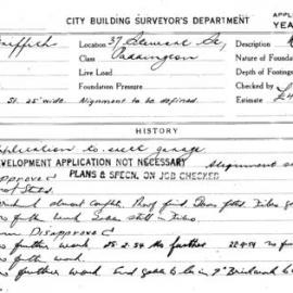 Building Inspectors Card: 37 Stewart St Paddington. Application to erect garage. 1 Card.
