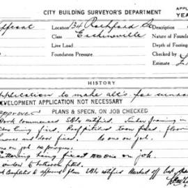 Building Inspectors Card: 134 Rochford St Erskineville. Application to make alt's for sunroom. 1 