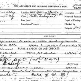 Building Inspectors Card - Hotel Metropole, Bent Street Sydney, extend and alter booking counter, 1949