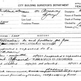 Building Inspectors Card: 180 Broadway Sydney. Application to erect partitions ground floor. 1 card.