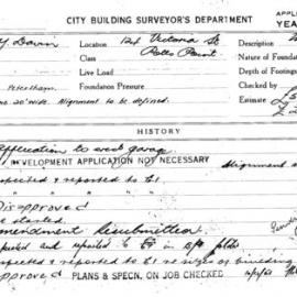 Building Inspectors Card: 124 Victoria St Potts Point. Application to erect garage. 1 card.