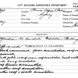 Building Inspectors Card - Application to demolish Exhibition Building, Prince Alfred Park Sydney, 1953-1954