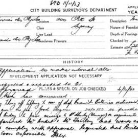 Building Inspectors Card: 200 Pitt St Sydney. Application to make internal alts. 1 card.