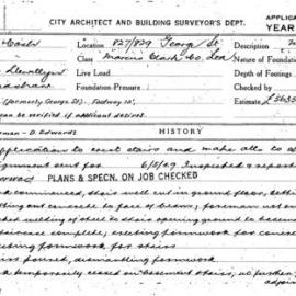 Building Inspectors Card - Alterations, 827/829 George Street - Marcus Clark & Co, 1949