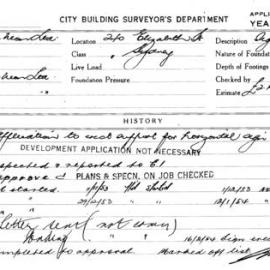 Building Inspectors Card: 240 Elizabeth St Sydney. Application to erect support for horizontal 