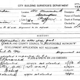 Building Inspectors Card: 450 Abercrombie St Redfern. Application to alter shop front. 1 card.