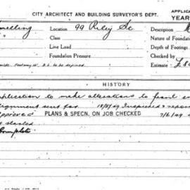 Building Inspectors Card: 99 Riley St. Application to make alterations to front entrance. 1 Card.