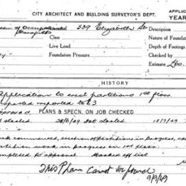 Building Inspectors Card: 539 Elizabeth St. Application to erect partitions 1st floor. 1 Card.