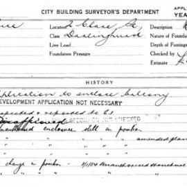 Building Inspectors Card: 2 Clare St Darlinghurst. Application to enclose balcony. 1 card.