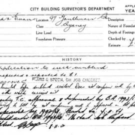 Building Inspectors Card: 97 Goulburn Street, Sydney. Application to erect sunblind. 1 Card.