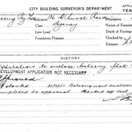 Building Inspectors Card: 136 Darlinghurst Road, Sydney. Application to enclose balcony, flat 1. 1 