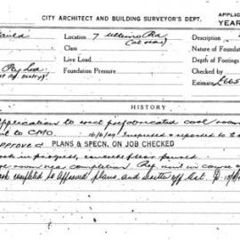 Building Inspectors Card: 7 Ultimo Rd (at rear). Application to erect prefabricated cool room. 1 