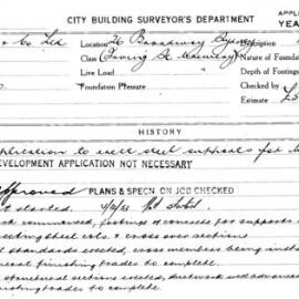Building Inspectors Card: 26 Broadway, Sydney (Irving St. brewery, Tooth & Co. Ltd). Application to 