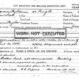 Building Inspectors Card: 97 King St. Application to alts & adds to interior of shop. 1 Card.