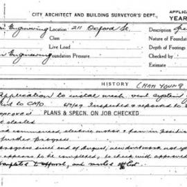 Building Inspectors Card: 211 Oxford Street. Application to instal mechanical vent system ground 
