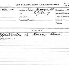 Building Inspectors Card: 222 George Street, Sydney. Application to peruse plans. 1 Card.