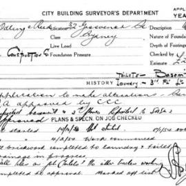 Building Inspectors Card: 32 Grosvenor St Sydney. Application to make alterations. 1 Card.