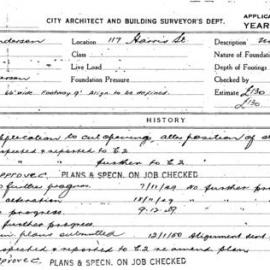 Building Inspectors Card: 117 Harris Street. Application to cut openings, alter position of stairs 