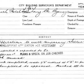 Building Inspectors Card: 1/11 Lang Street, Sydney. Application to erect temporary shelter. 1 card.