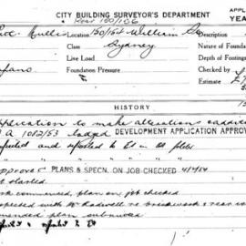 Building Inspectors Card: 150/154 William St Sydney. Application to make alterations & additions. 
