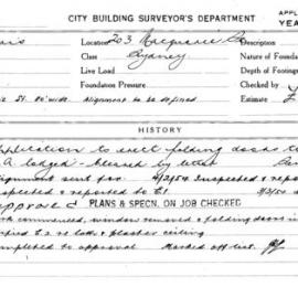 Building Inspectors Card: 203 Macquarie St, Sydney. Application to erect folding doors to entrance. 