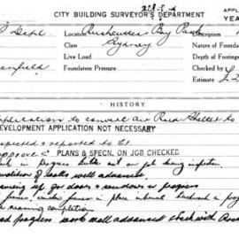 Building Inspectors Card - Air raid shelter conversion, Rushcutters Bay Park, 1954-1955