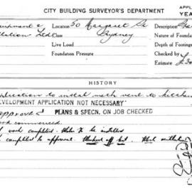 Building Inspectors Card: 50 Margaret St, Sydney. Application to instal mech vent to kitche, 2nd 