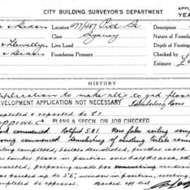 Building Inspectors Card: 477/487 Pitt St Sydney. Application to make alts to grd floor showroom 