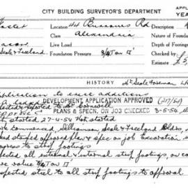 Building Inspectors Card: 44 Burrows Rd Alexandria. Application to erect additions. 2 cards.