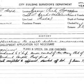 Building Inspectors Card: Moore Park Sydney. E S Marks Athletic Field. Application to erect public 