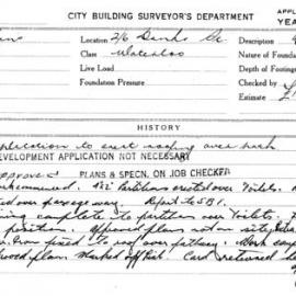 Building Inspectors Card: 2/6 Danks St Waterloo. Application to erect roofing over path. 1 Card.