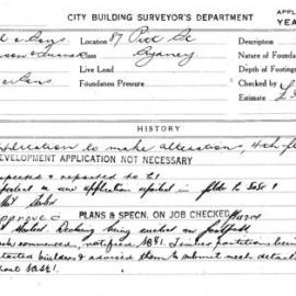 Building Inspectors Card: 87 Pitt St Sydney. Application to make alterations, 4th floor. 2 Cards.
