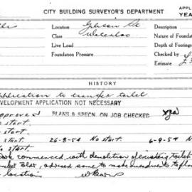 Building Inspectors Card: Gibson St Waterloo. Application to transfer toilet. 1 Card.