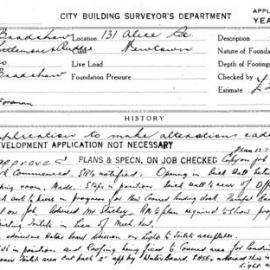 Building Inspectors Card: 131 Alice St Newtown. Application to make alterations & additions. 1 card.