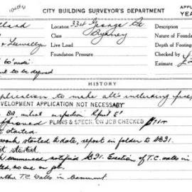 Building Inspectors Card: 334 George St Sydney. Application to make alts including fireproofing to 