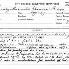 Building Inspectors Card: 222 Clarence St Sydney. Application to extend partition to celing, 7th 