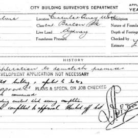 Building Inspectors Card: Circular Quay West, cnr Barton St, Sydney. Application to demolish 