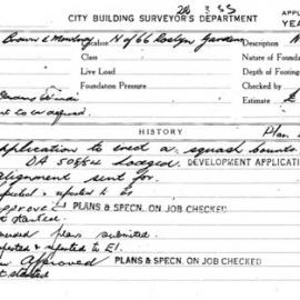 Building Inspectors Card: N of 66 Roslyn Gardens. Application to erect a squash courts. 2 cards.