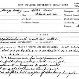 Building Inspectors Card: Ellis Ave, Alexandria. Application to erect a store. 1 card.