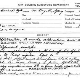 Building Inspectors Card: 124 King Street, Sydney. Application to make alterations and additions. 1 