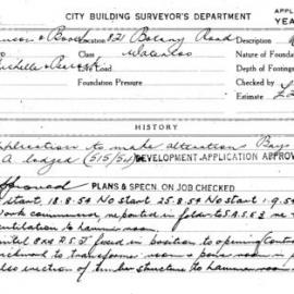 Building Inspectors Card: 821 Botany Road Waterloo. Application to make alterations Bays 2,3, & 4. 