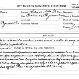 Building Inspectors Card: Federal Road, Glebe. National Plywood Co. Application to make extension 
