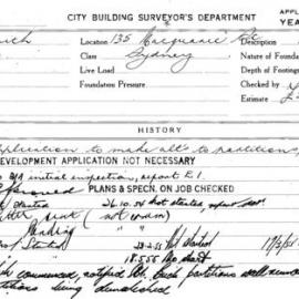 Building Inspectors Card: 135 Macquarie St Sydney. Application to make alts to partitions 10th 