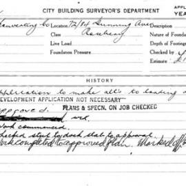 Building Inspectors Card: 72/84 Dunning Ave Rosebery. Application to make alts to loading dock. 1 