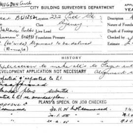 Building Inspectors Card: 232 Pitt St Sydney. Application to make alts to Foyer entrance. 1 card. 