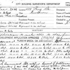 Building Inspectors Card: 439 King St. Newtown. Application to make alts to shopfront etc. 2 cards. 